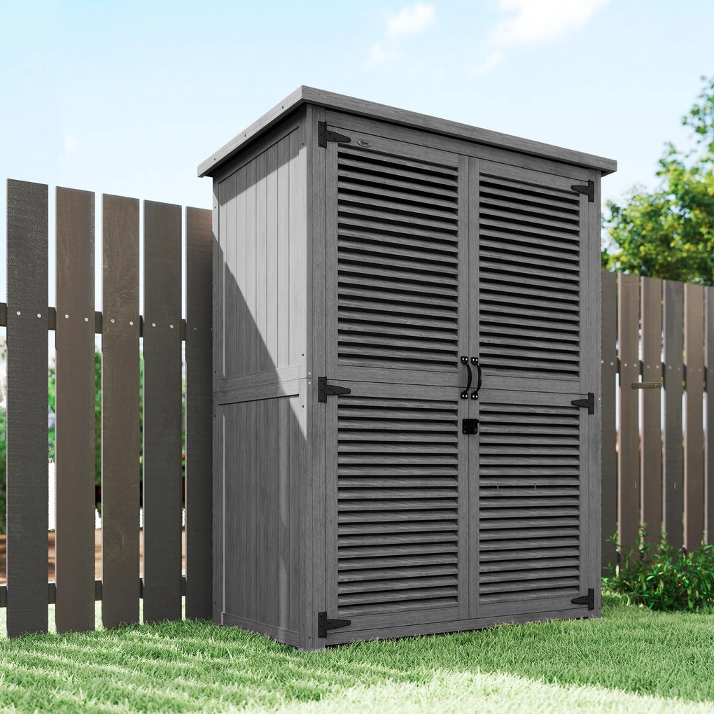 Outsunny Dulap de Grădină 0,83 m² 127x65x168 cm cu 2 Uși tip Oblon 2 Rafturi 2 Mânere și Acoperiș Impermeabil Gri | Aosom Romania