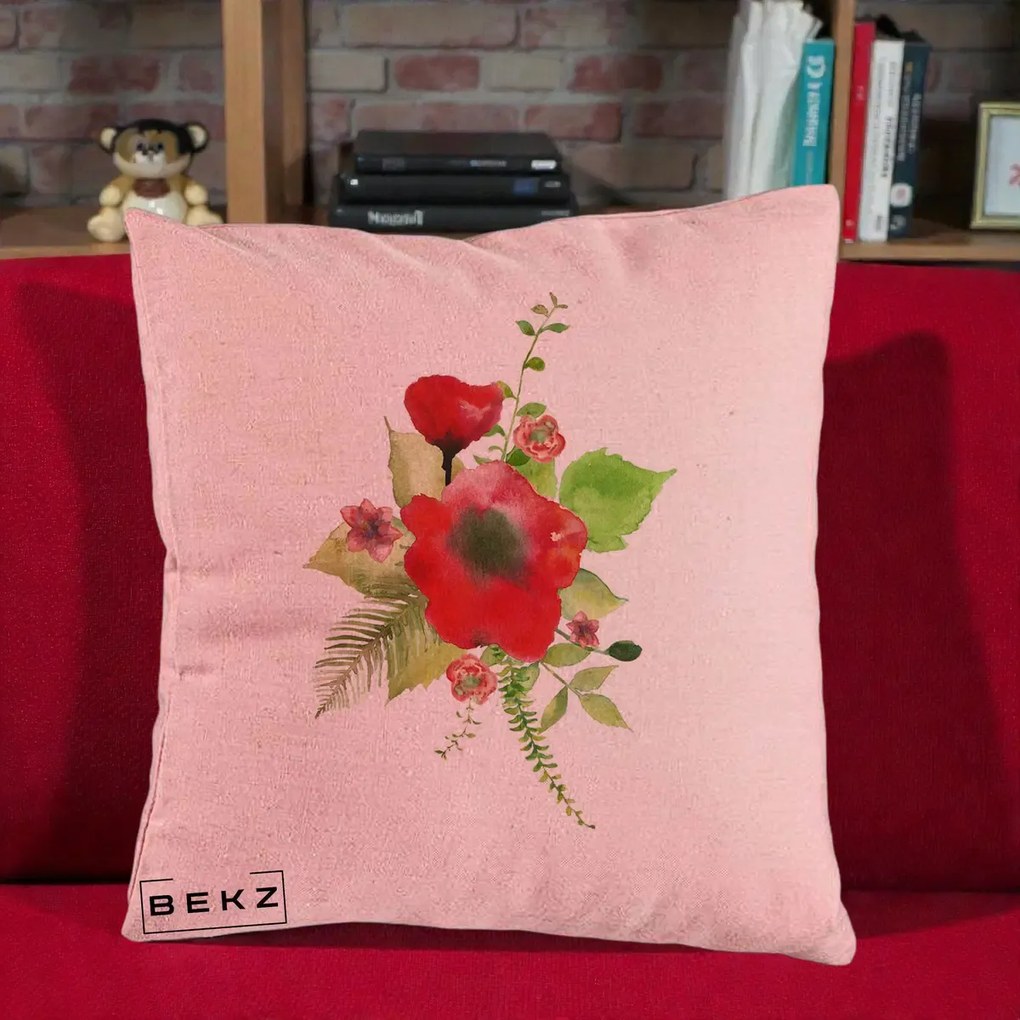 Perna Decorativa Buchet Rosu Acuarela, 40x40 cm, Roz, Husa Detasabila, Perna Inclusa, BEKZ®