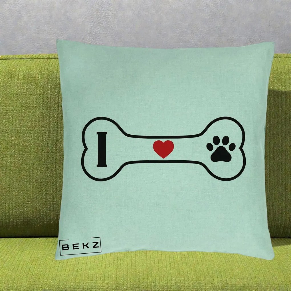Perna Personalizata I Love Dog Os si Labuta, 40x40 cm, Verde Menta, Husa Detasabila, Perna Inclusa, BEKZ®