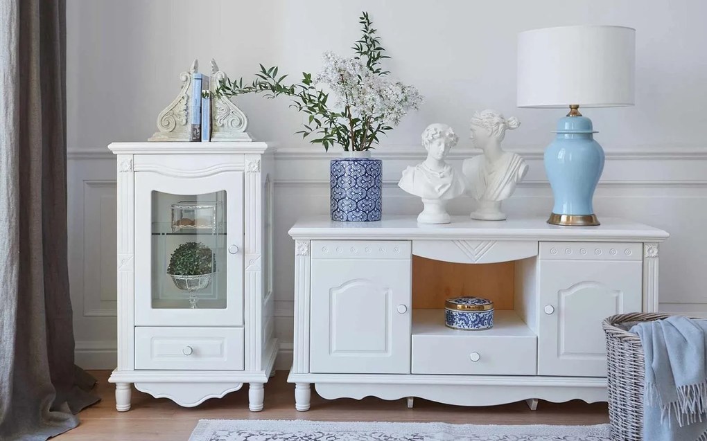 Comodă TV lemn masiv alb Elizabeth, 120 × 58 × 63 cm