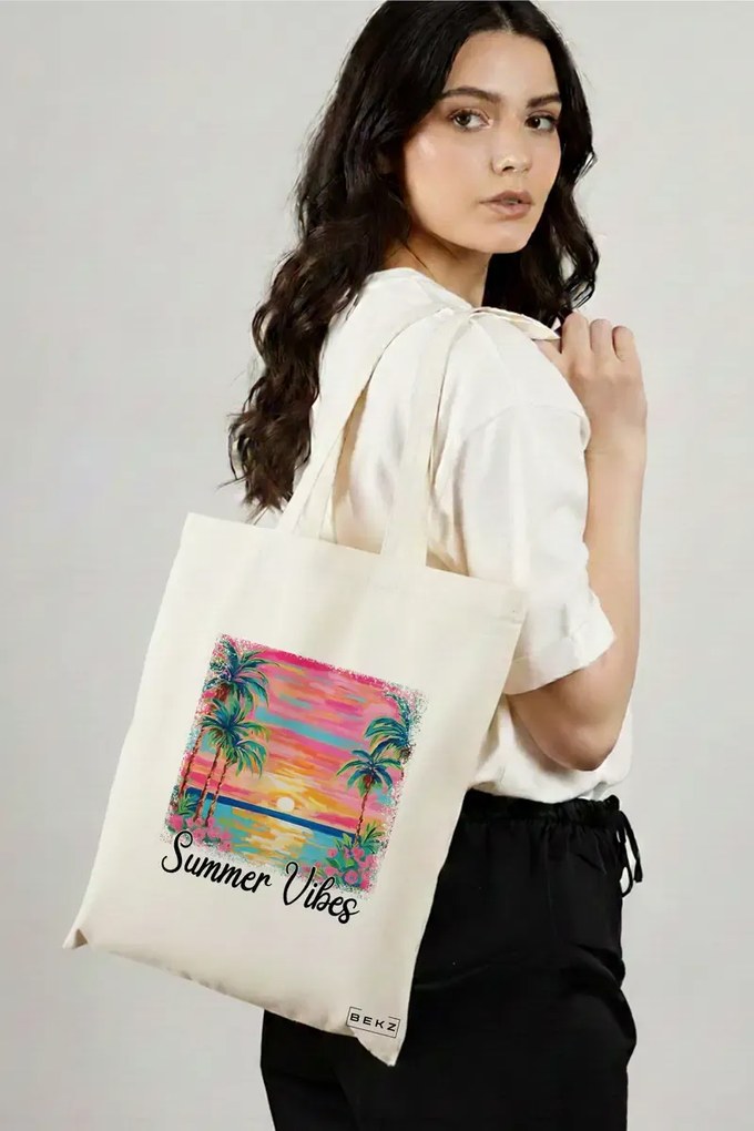 Sacosa de Panza pentru Cumparaturi, Geanta Tote, model Summer Vibes, 38 x 34.5 cm, Alba, BEKZ®