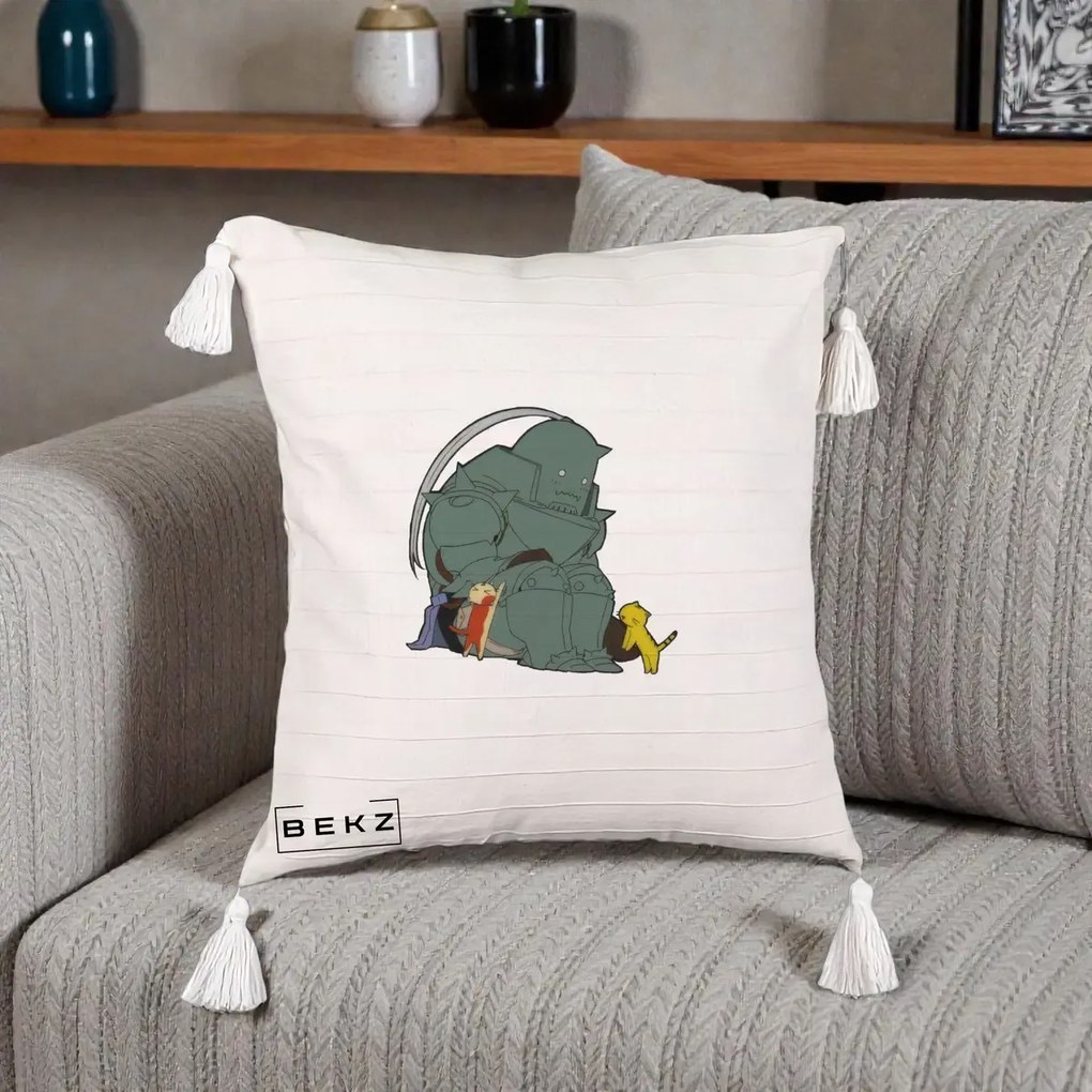 Perna Personalizata Fullmetal Alchemist Alphonse cu Pisici, 40x40 cm, Bej cu Franjuri, Husa Detasabila, Perna Inclusa, BEKZ®