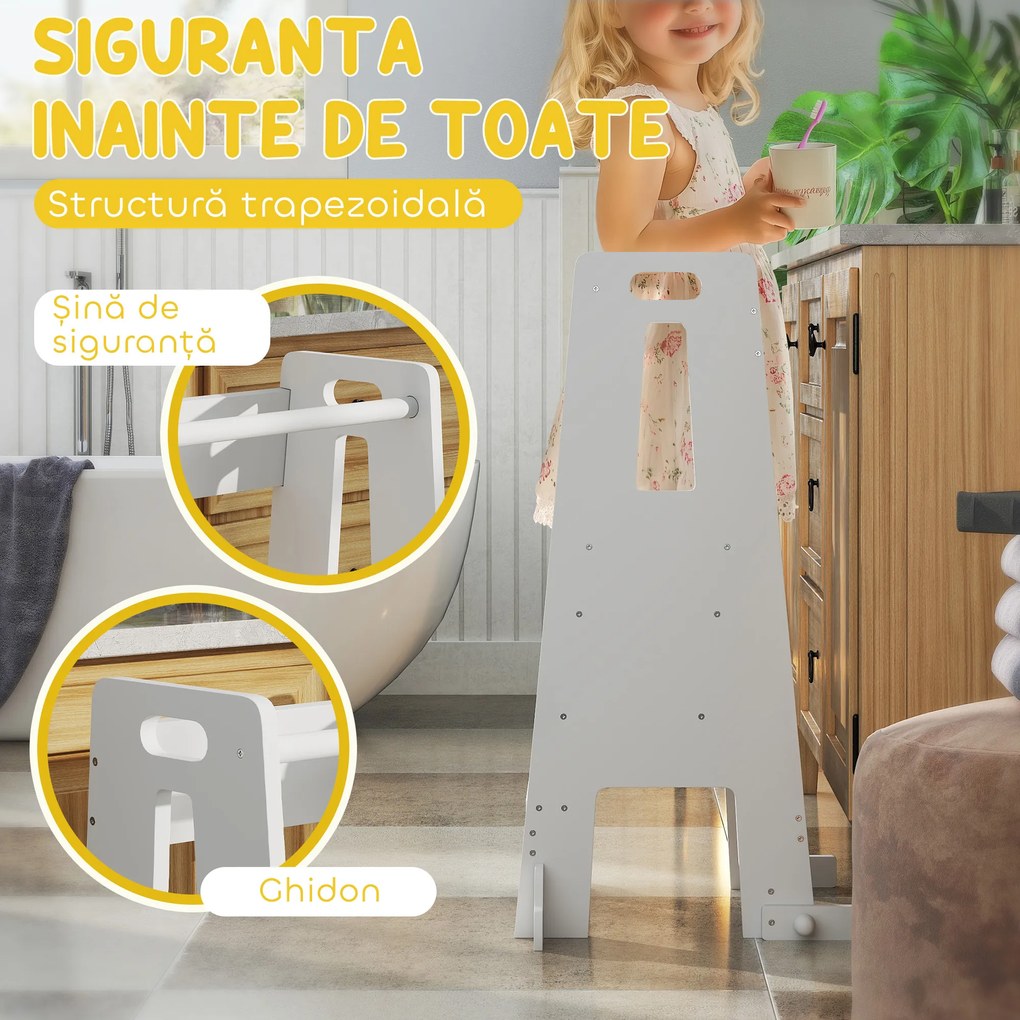 AIYAPLAY Scaun Copii Reglabil pe 3 Niveluri cu Bară de Siguranță, 45x47.5x91 cm, Alb | Aosom Romania