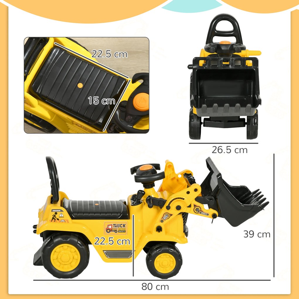 HOMCOM Excavator pentru Copii cu Cupă, Spătar și Spațiu de Depozitare Ascuns, Buldozer de Jucărie în PP și ABS, 80x26.5x39 cm, Galben și Negru | Aosom Romania