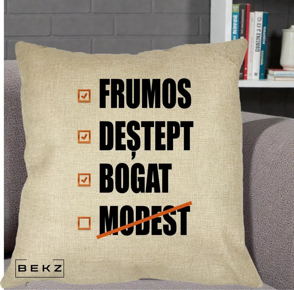 Perna Decorativa Frumos Destept Bogat, 40x40 cm, Crem, Husa Detasabila, Perna Inclusa, BEKZ®