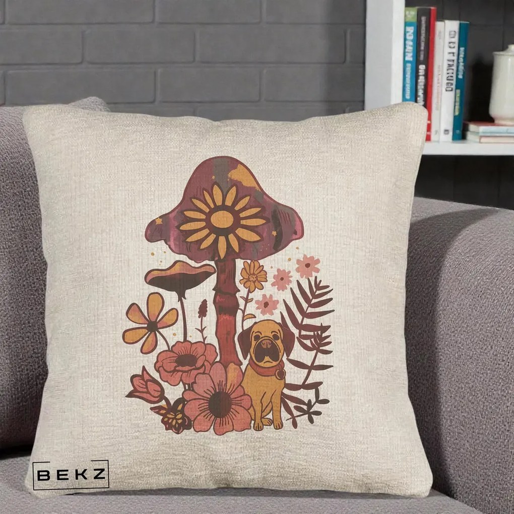 Perna Decorativa Ciuperca Caine Boho, 40x40 cm, Bej Canapea, Husa Detasabila, Perna Inclusa, BEKZ®