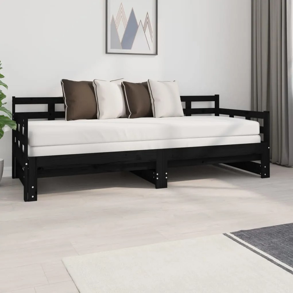 820381 vidaXL Pat de zi extensibil, negru, 2x(80x200) cm, lemn masiv de pin