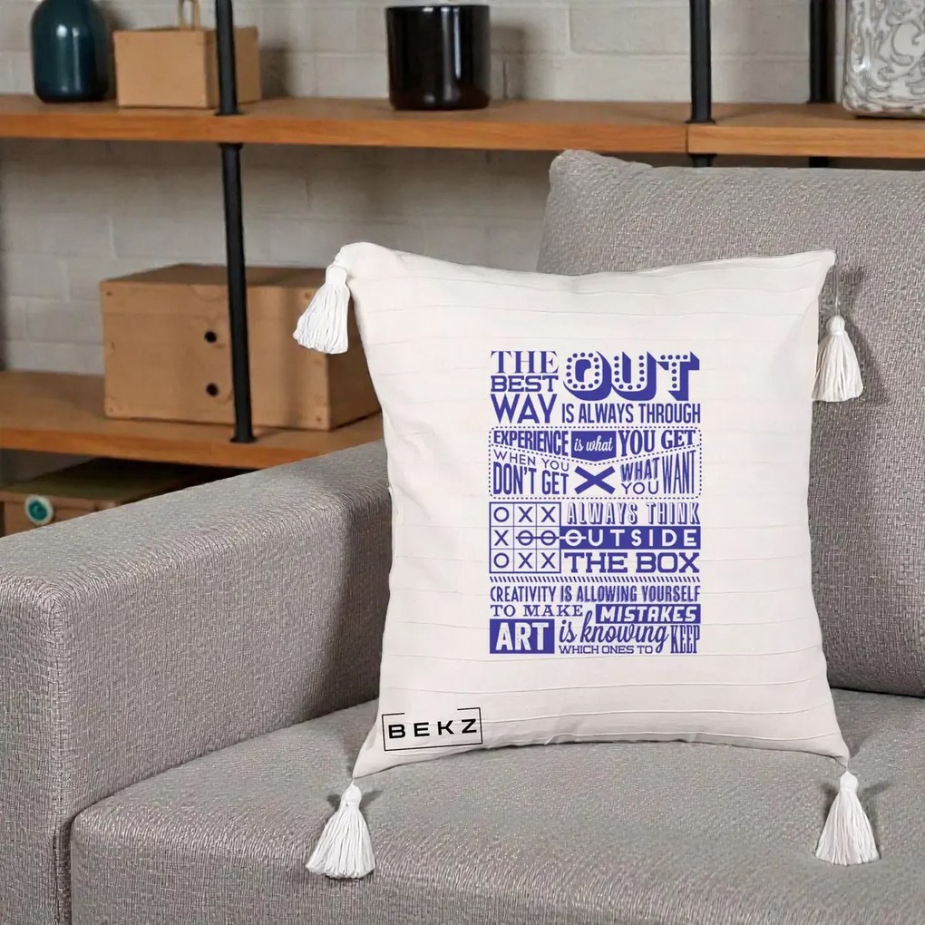 Perna Decorativa Citate Creativitate Albastru, 40x40 cm, Bej cu Franjuri, Husa Detasabila, Perna Inclusa, BEKZ®