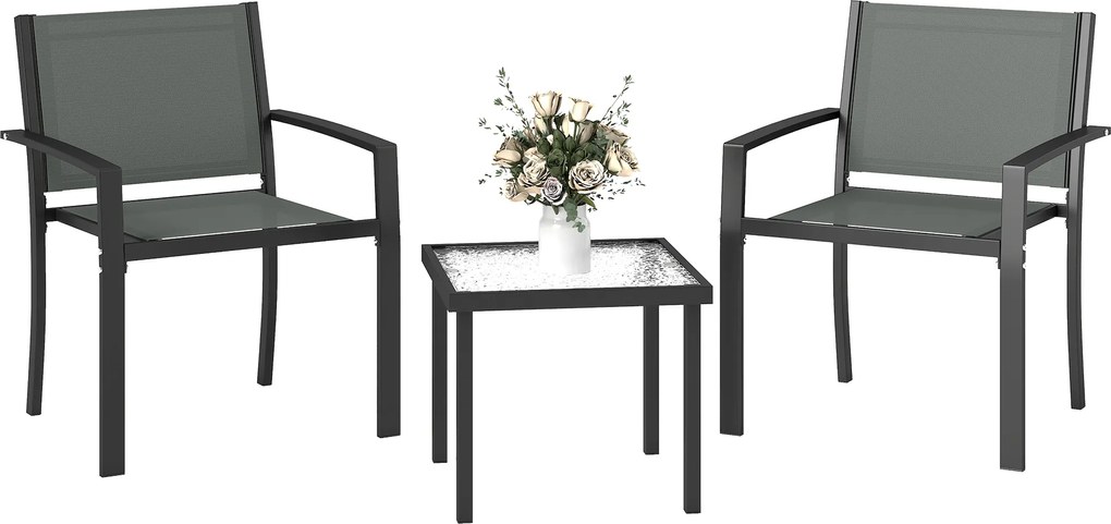 Outsunny Set masă și scaune pentru terasă exterior 3 piese cu 2 scaune din Textilene, masă din sticlă securizată, gri deschis | Aosom Romania