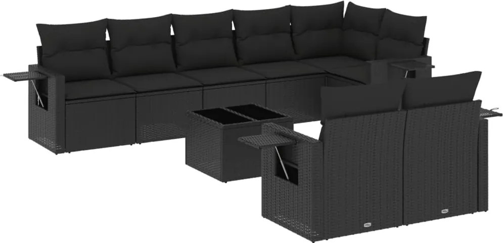 vidaXL Set mobilier de grădină cu perne, 9 piese, negru, poliratan