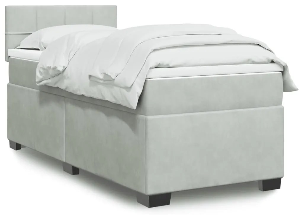vidaXL Pat box spring cu saltea, gri deschis, 90x190 cm, catifea
