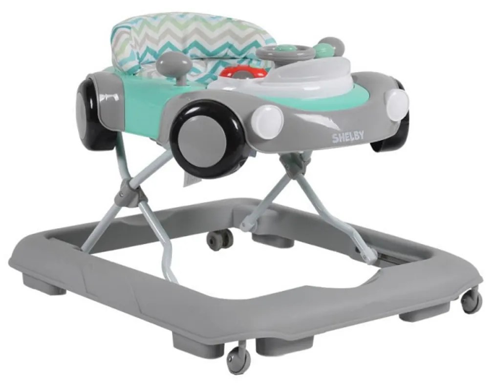 Premergator Reglabil in 3 Trepte NOVOKIDS™ Shelby Mini Car , Roti silentioase, Pliabil, 8 Roti, Cu Melodii si volan, Model Masinuta, Turquoise