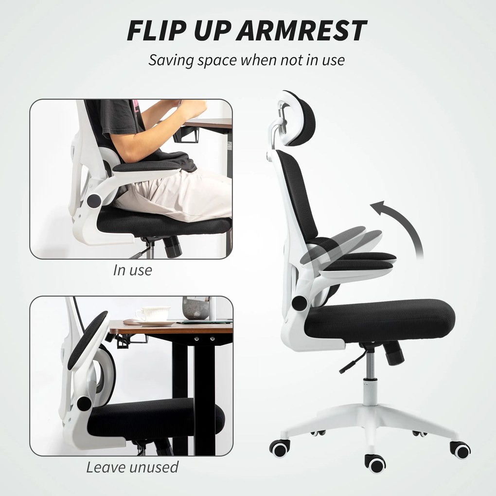 HOMCOM Scaun Birou cu Înălțime Reglabilă, Brațe Rabatabile și Tetieră, Scaun Ergonomic 62x61x112-120 cm, Negru | Aosom Romania
