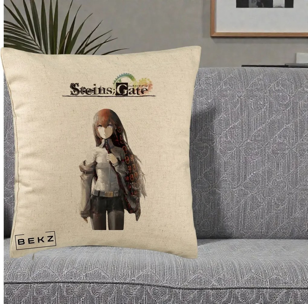 Perna Personalizata Steins Gate Kurisu Makise Anime, 40x40 cm, Bej, Husa Detasabila, Perna Inclusa, BEKZ®