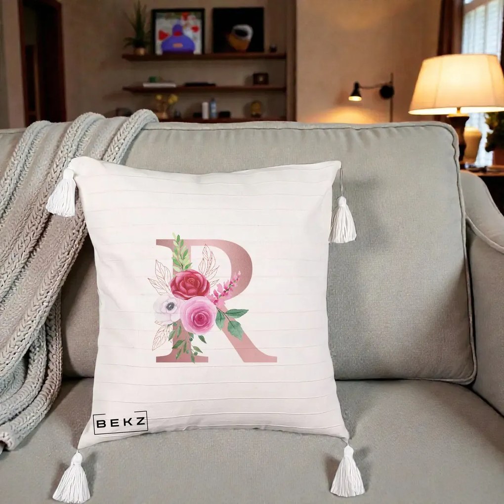 Cadou Personalizat - Perna Personalizata Monograma Rose Gold Litera R, 40x40 cm, Bej cu Franjuri, Husa Detasabila, Perna Inclusa, BEKZ®