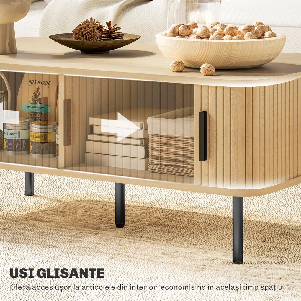 HOMCOM Măsuță de Cafea cu 2 Rafturi pentru Obiecte, Uși Culisante și Măsuță din Lemn și Oțel, 100x55x40 cm, Lemn Natural | Aosom Romania