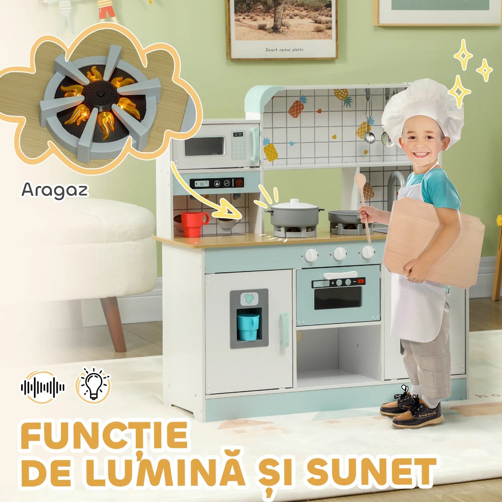 AIYAPLAY Bucătărie de Jucărie pentru Copii de 3+ Ani din Lemn, Aragaz Interactiv, Cuptor și Mașină de Cafea, Albă | Aosom Romania