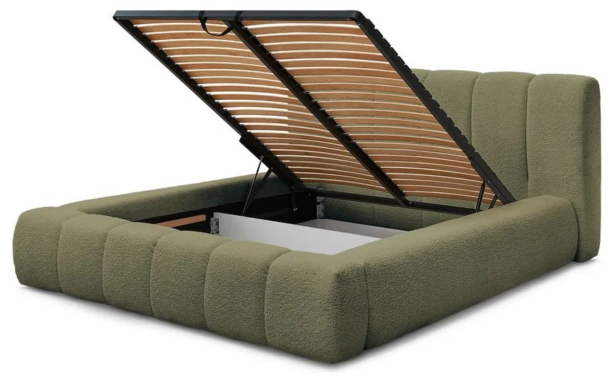 Pat matrimonial verde tapițat cu spațiu de depozitare cu somieră 160x200 cm Denali – Bobochic Paris