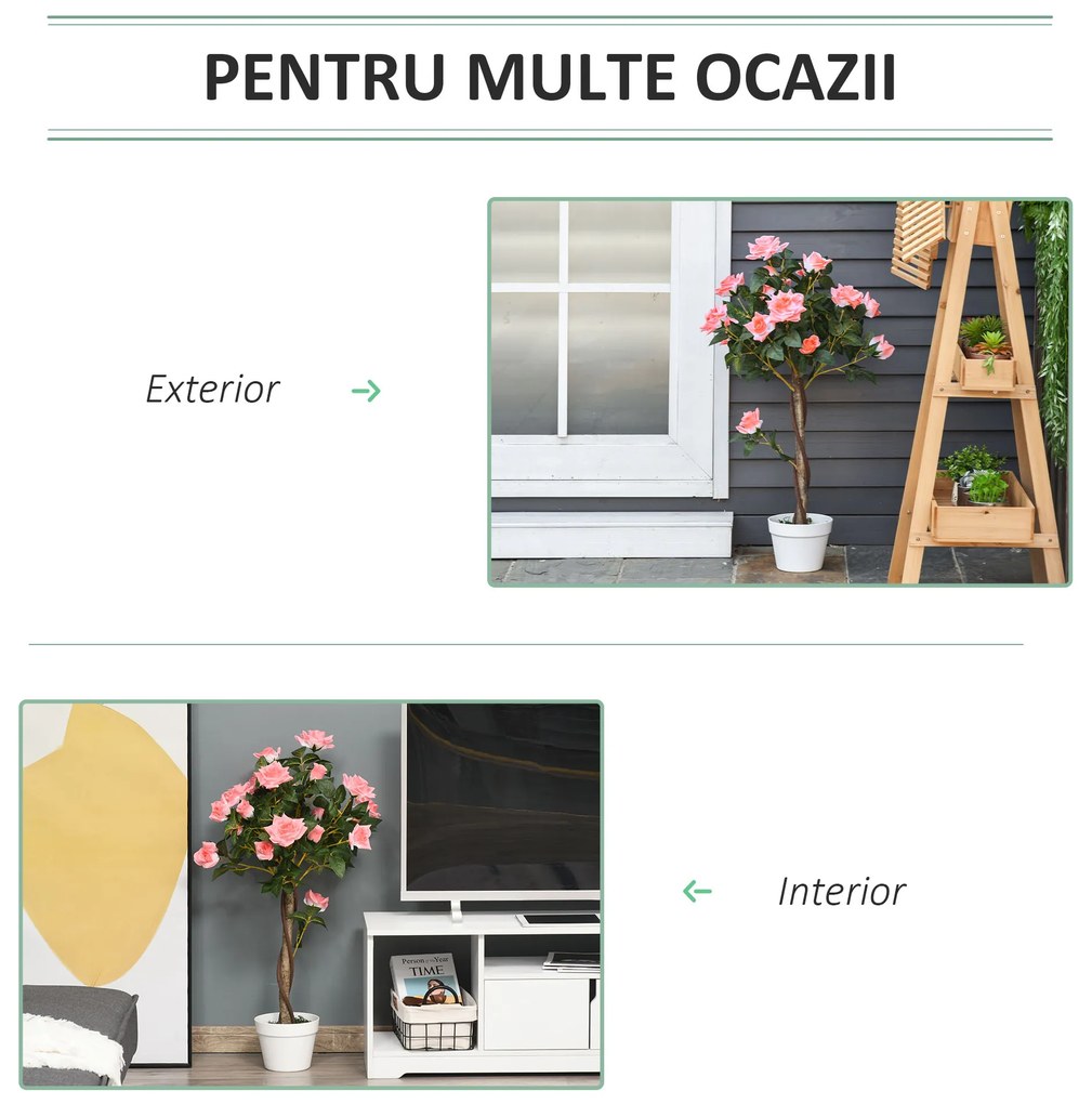 Outsunny Plantă Artificială de Trandafiri cu 21 de Flori, Ghiveci Umplut cu Ciment și Mușchi, Ø18x90 cm, Roz | Aosom Romania