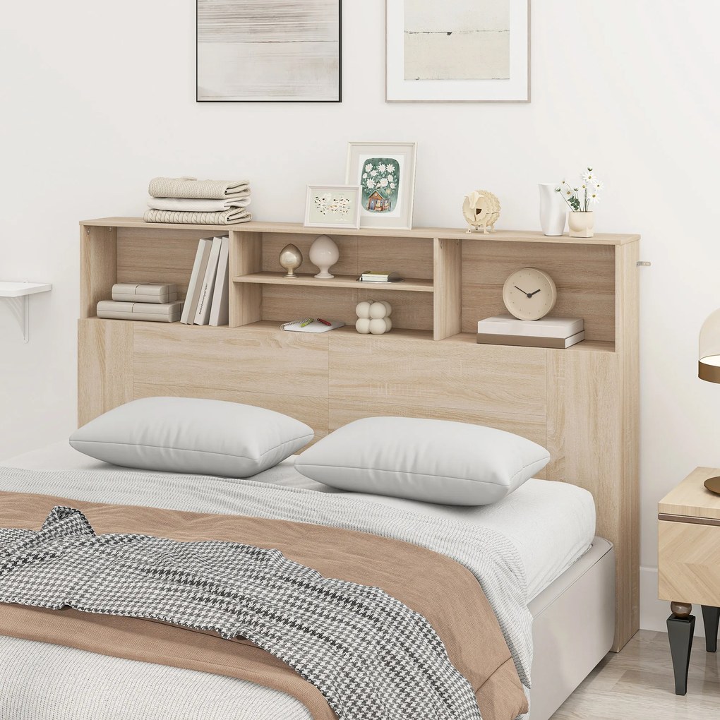 HOMCOM Tăblie independentă cu spații de depozitare, accesoriu de pat 4 compartimente deschise, 160 x 20,2 x 108,2 cm, lemn natural | Aosom Romania