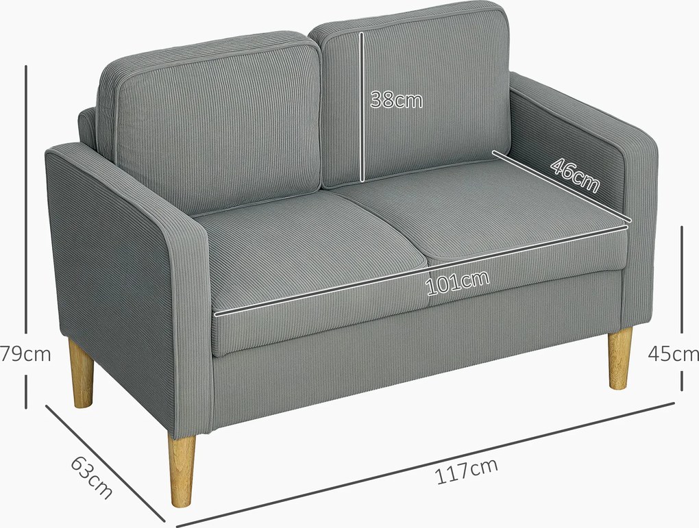 HOMCOM Canapea 2 locuri cu spațiu de depozitare și picioare solide din lemn, pentru living, dormitor, 117 x 63 x 79 cm, Gri deschis | Aosom Romania