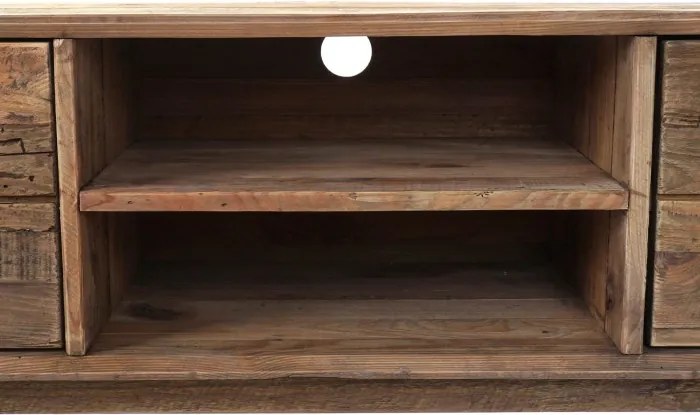 Comodă TV living din lemn reciclat, natur, cu 4 sertare, nișă deschisă cu raft și picioare oblice, 48 x 130 x 40 cm, „Rustin”