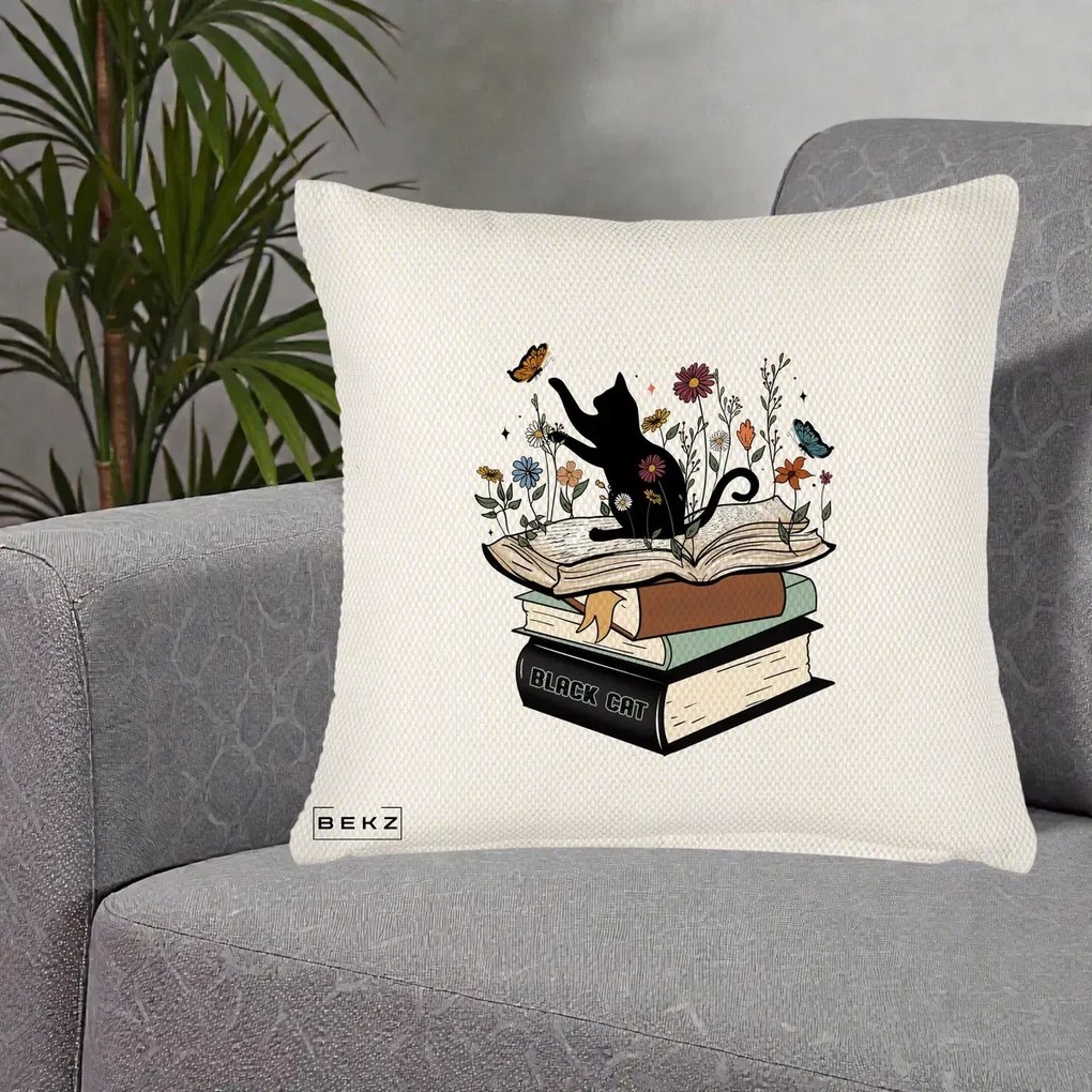 Perna Personalizata Pisica Neagra Carti Flori Fluturi, 40x40 cm, Crem Reliefat, Husa Detasabila, Perna Inclusa, BEKZ®