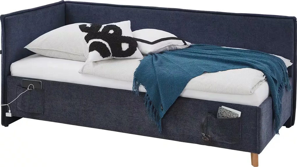 Boxspring tip divan, 90x200 cm, cu lada de depozitare, USB charger, somiera rabatabilă, culoare blug, material țesătură