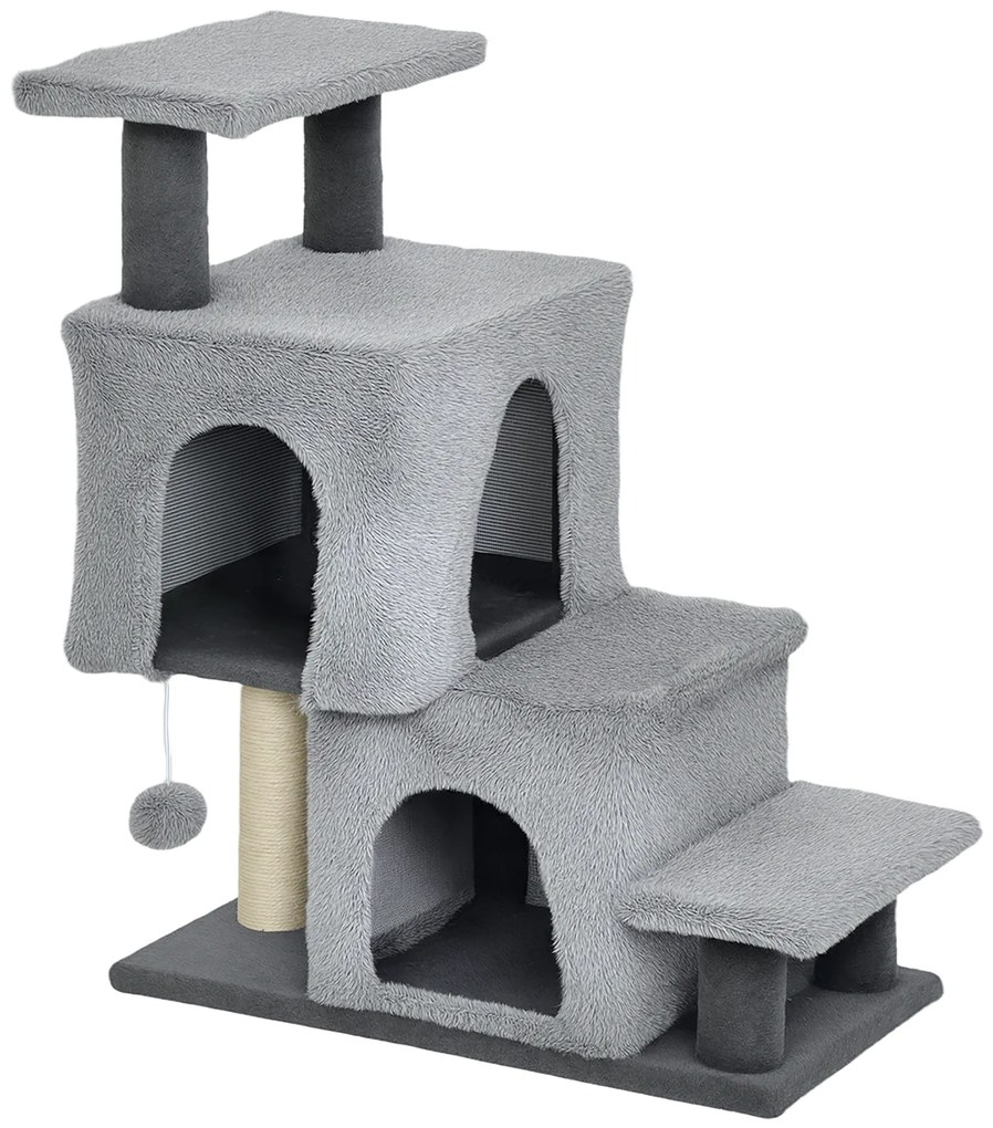 PawHut Scara pentru Pisici cu 4 Trepte Reglabile, 2 Căsuțe și Stâlp pentru Zgâriat Gri | Aosom Romania