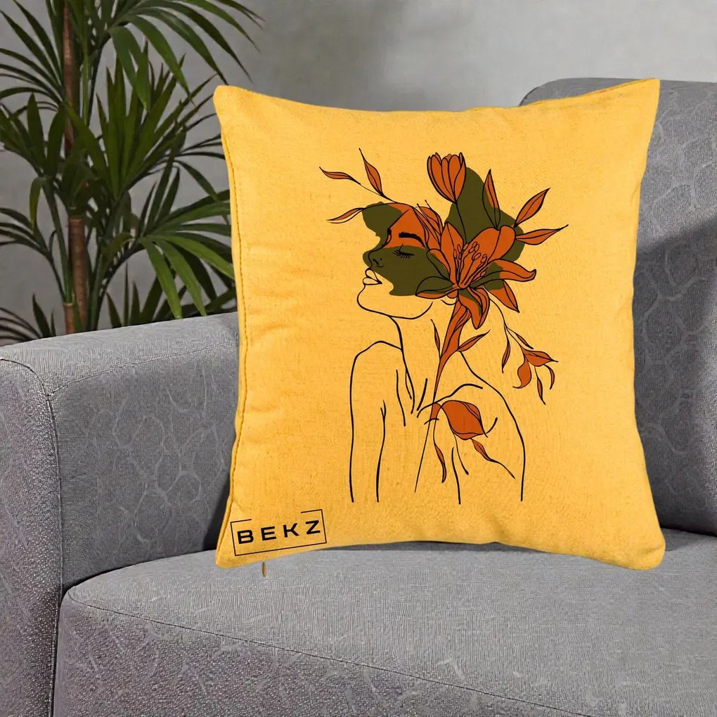 Perna Decorativa Portret Feminin Crin Auriu, 40x40 cm, Galben, Husa Detasabila, Perna Inclusa, BEKZ®