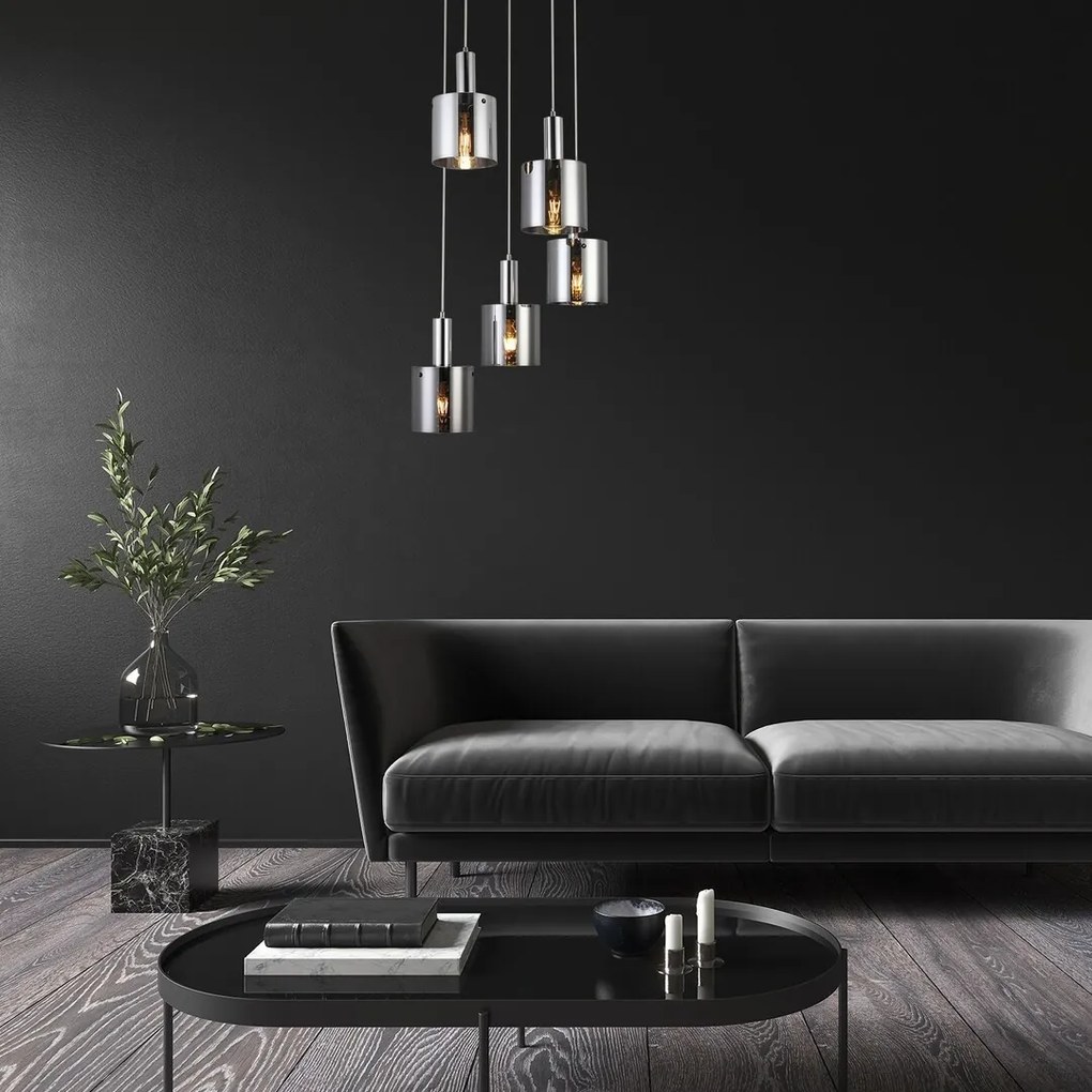Lustra cu 5 Pendule design modern Donati crom/fumuriu