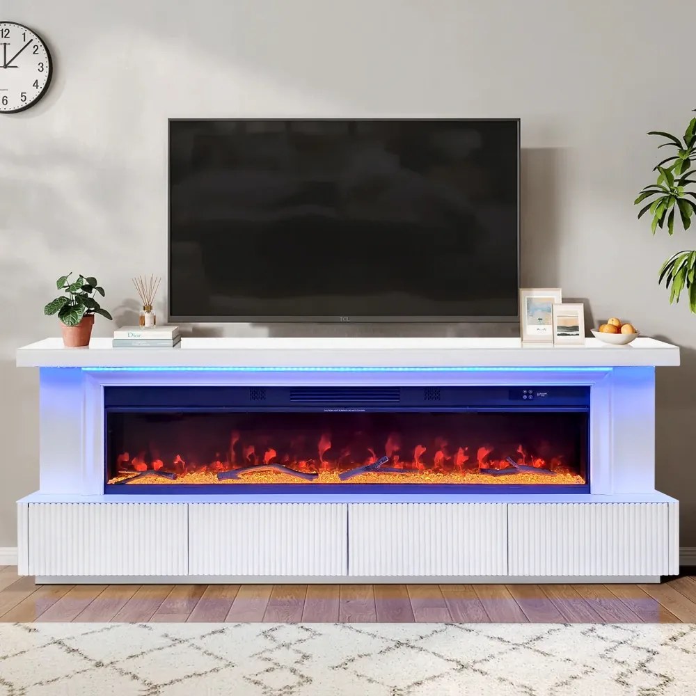 Șemineu Electric cu Flacără LED în 7 Culori, Comodă TV, Bluetooth, Difuzoare Integrate, Iluminare LED Ambientală, Telecomandă, MDF, Finisaj Alb Oglindă