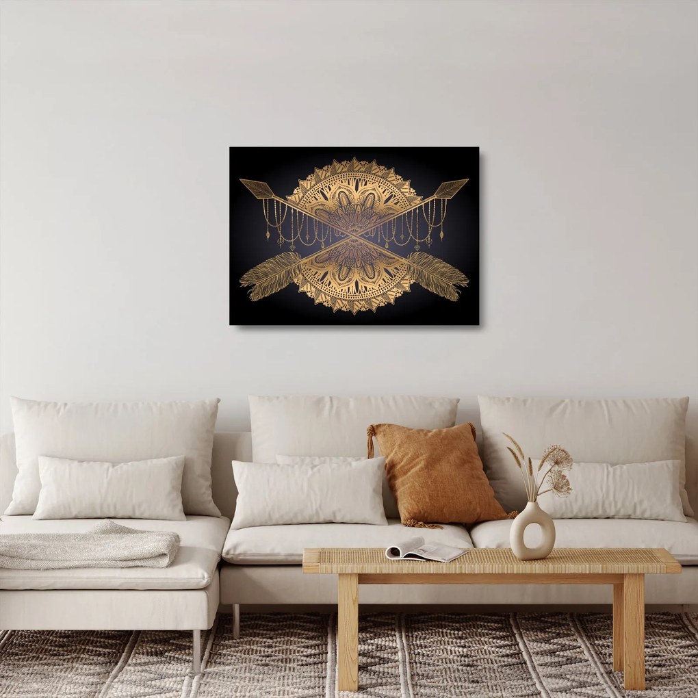 Tablou pe sticlă - Mandala aurie cu săgeți (70x50 cm)