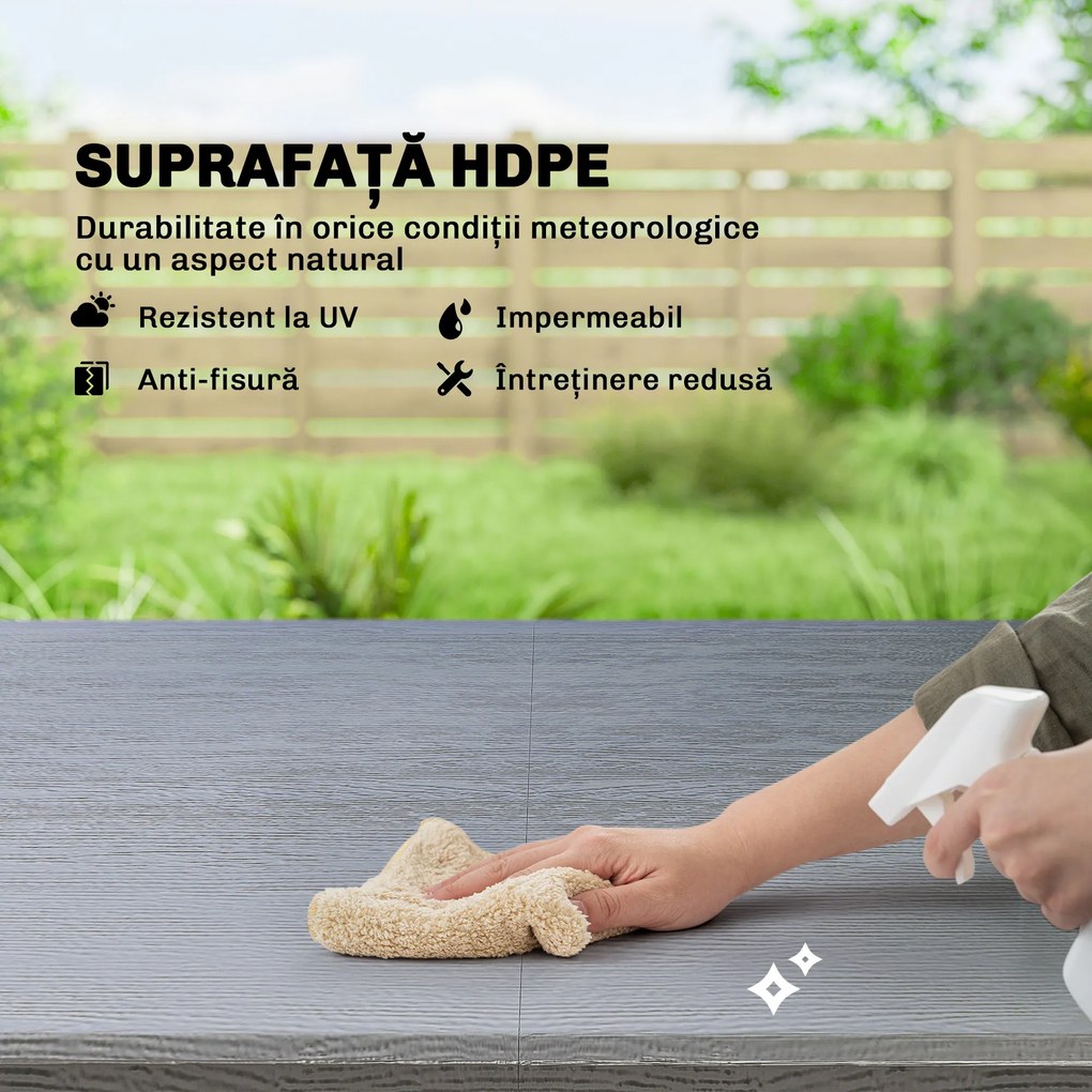 Outsunny Set Masă și Scaune Pliabile de Grădină, 5 Piese, Masă Reglabilă cu Blat HDPE Efect Lemn și 4 Scaune, Set Mobilier Exterior pentru Terasă și Balcon, Gri Închis | Aosom Romania