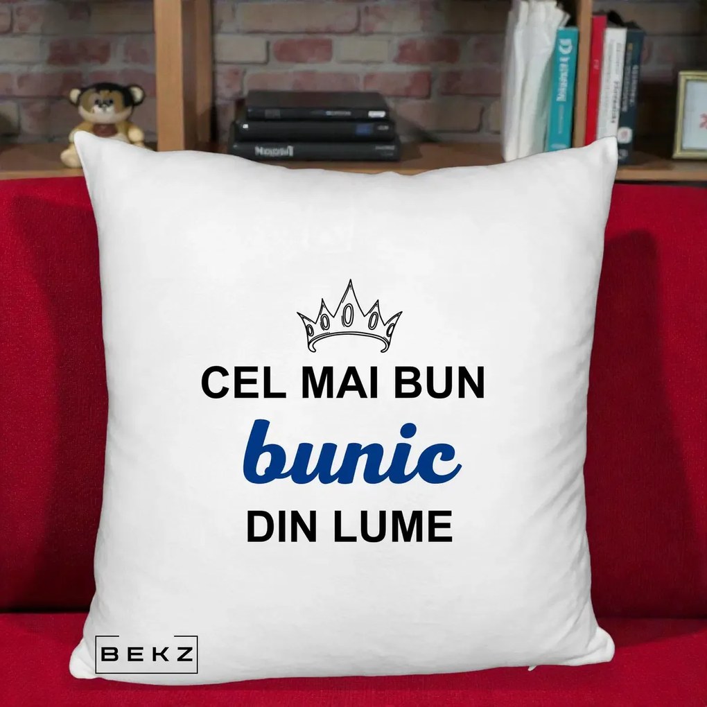 Cadou pentru Bunic - Perna Personalizata Cel Mai Bun Bunic Din Lume Coroana Albastra, 40x40 cm, Alb Pufos, Husa Detasabila, Perna Inclusa, BEKZ®