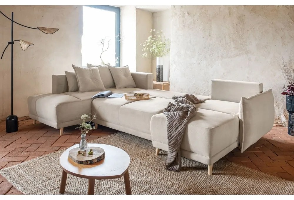 Colțar bej extensibil cu tapițerie din catifea reiată (colț stânga/în formă de "U") Lazy Lukka – Miuform