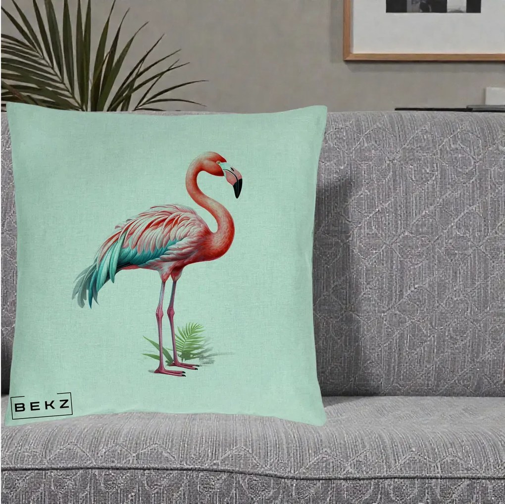 Perna Decorativa Flamingo Roz cu Pene Teal, 40x40 cm, Verde Menta, Husa Detasabila, Perna Inclusa, BEKZ®