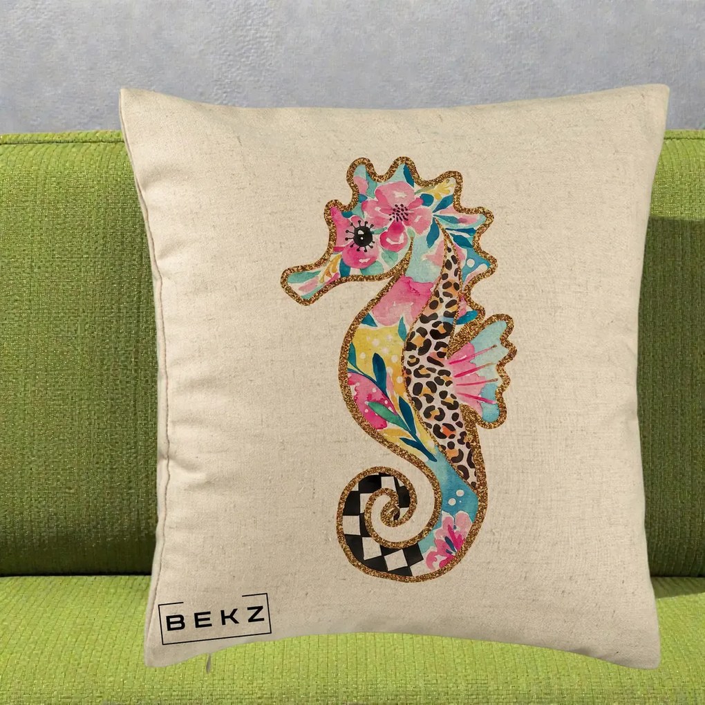 Perna Decorativa Calut de Mare Glitter Tropical, 40x40 cm, Bej, Husa Detasabila, Perna Inclusa, BEKZ®