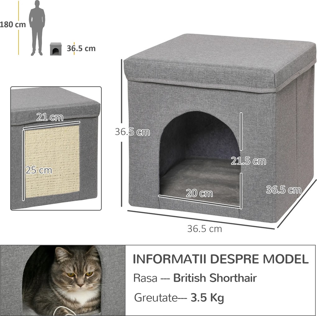 PawHut Căsuță Pliabilă pentru Pisici în Formă de Cub cu Pernă și Tăviță de Zgâriat, 36.5x36.5x36.5 cm, Gri | Aosom Romania