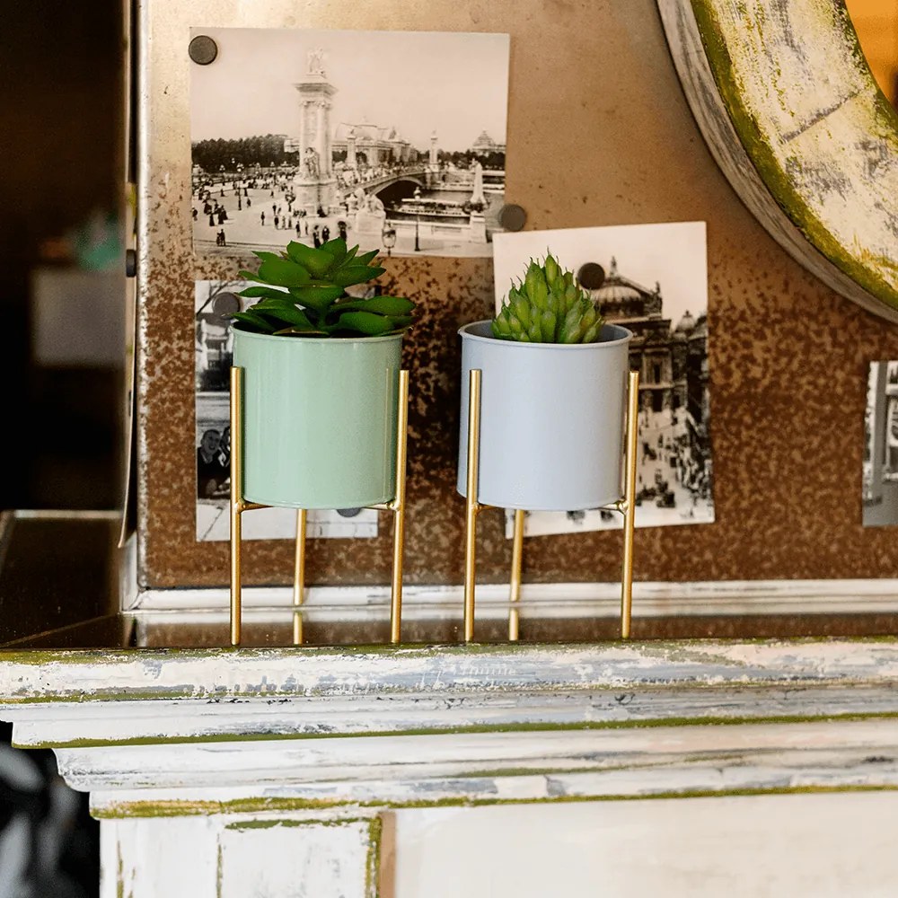 Set 2 ghivece metalice, albastru/neo mentă/auriu, ROZEL SET