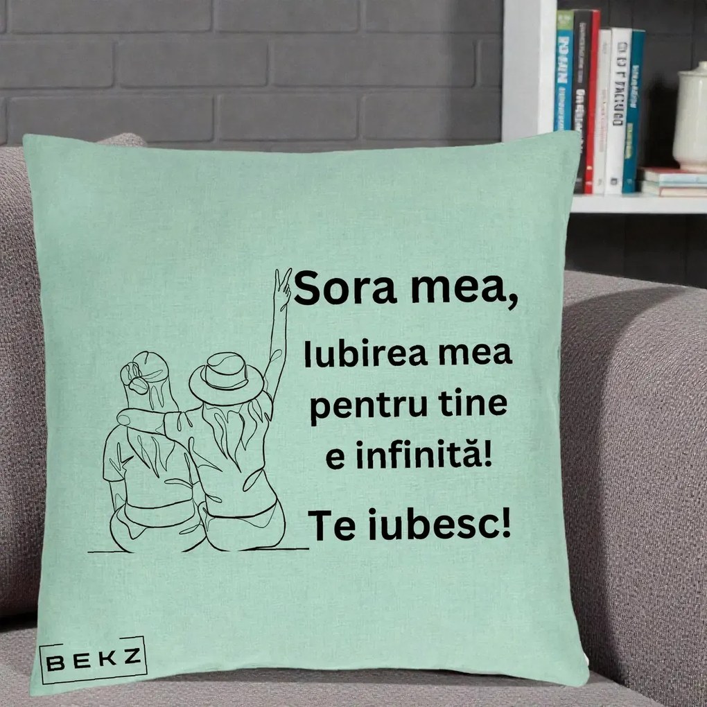 Cadou pentru Sora - Perna Personalizata Sora Mea Te Iubesc Line Art Portrete Colorate, 40x40 cm, Verde Menta, Husa Detasabila, Perna Inclusa, BEKZ®