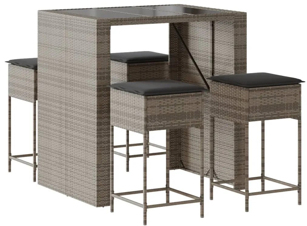 3261508 vidaXL Set mobilier bar de grădină, cu perne, 5 piese, gri, poliratan