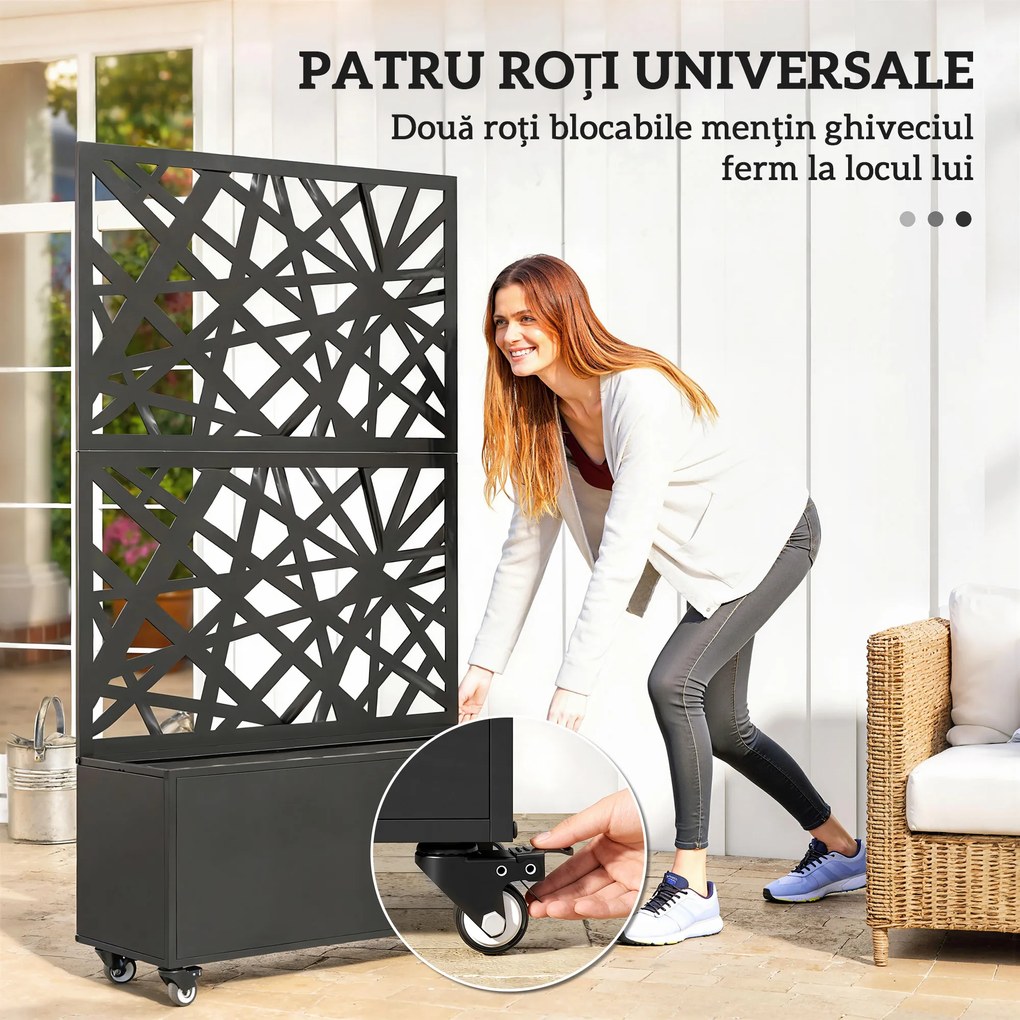 Outsunny Jardinieră pentru Grădină cu Roți și Grilaj, Jardinieră pentru Exterior cu Găuri de Drenaj din Metal, pentru Flori și Legume, pentru Grădină și Balcon, 90x30x160 cm, Negru | Aosom Romania