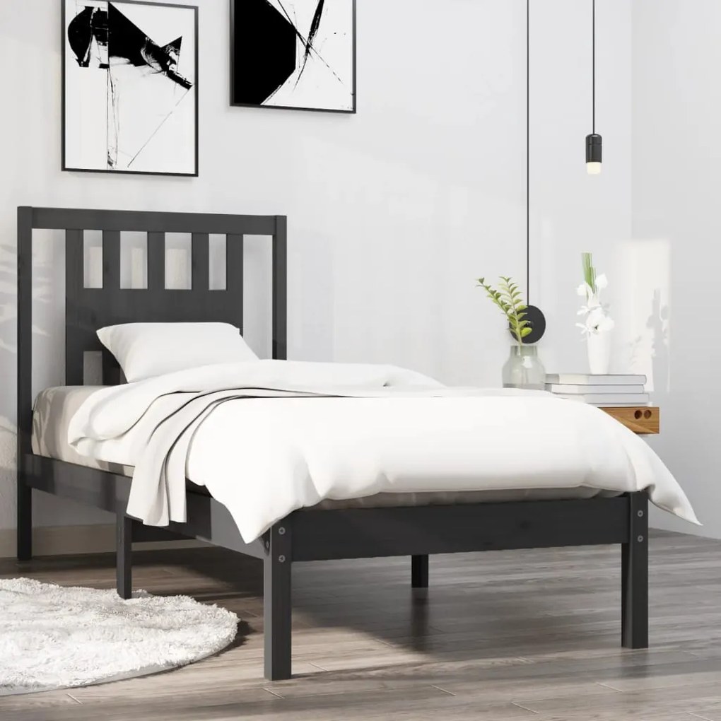 3104030 vidaXL Cadru de pat single, gri, 90x190 cm, lemn masiv