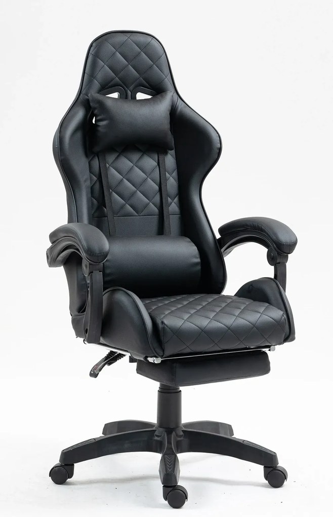 RESIGILAT- Scaun gaming, ergonomic, perna suport lombar cu masaj, spătar rabatabil, tetieră, suport pentru picioare, PU, Negru