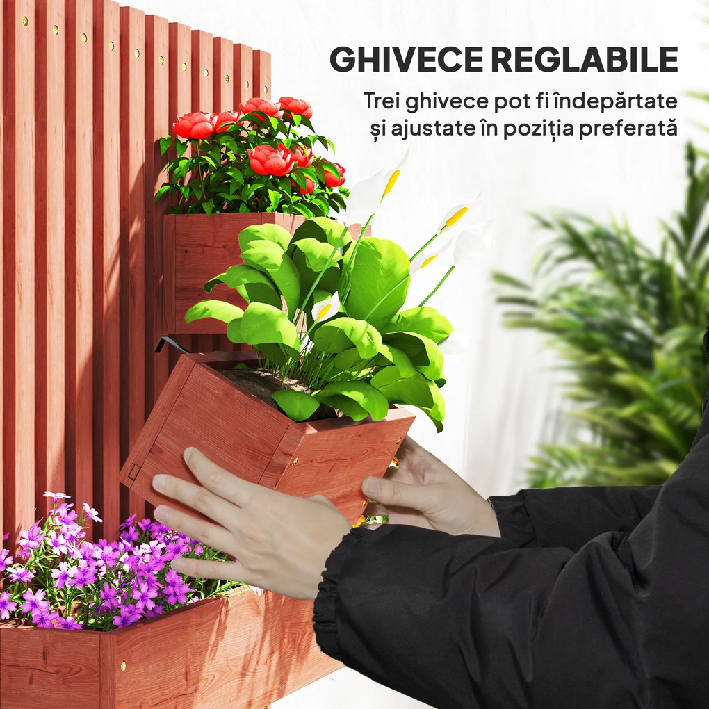 Outsunny Jardinieră Verticală cu Șipci și 3 Vase Detașabile, în Lemn de Brad, 60x16x80 cm, Maro | Aosom Romania