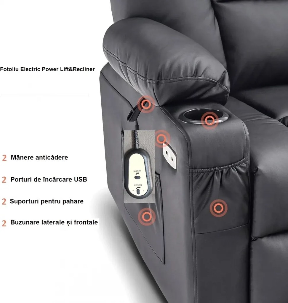 RESIGILAT- Fotoliu Electric Power Lift&Recliner, ridicare și rabatare, masaj și incalzire, porturi USB, suporturi pentru pahare, buzunare laterale, telecomenzi, PU, Negru