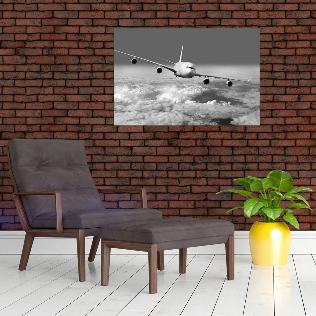 Tablou - Avion în nori, alb și negru (90x60 cm)