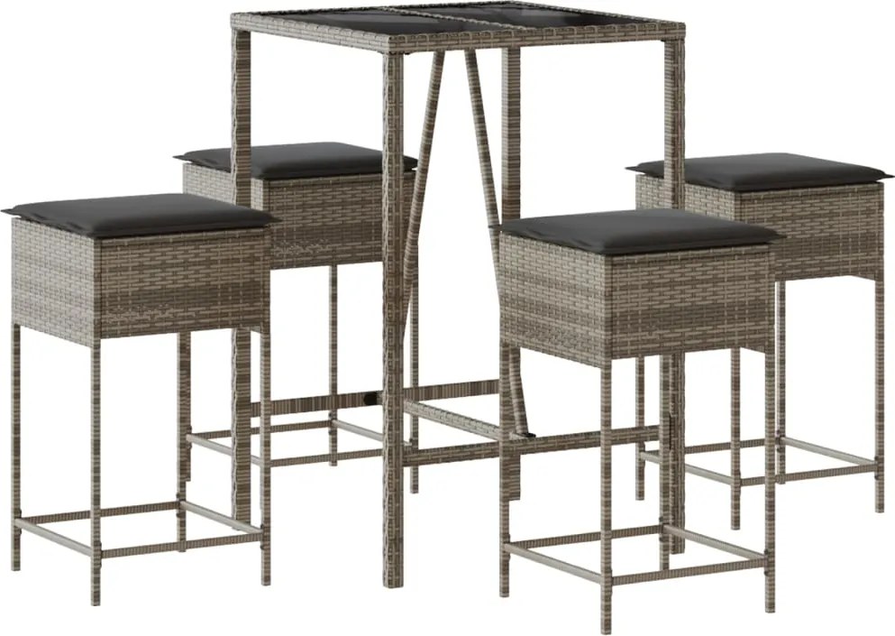 vidaXL Set mobilier bar de grădină, cu perne, 5 piese, gri, poliratan