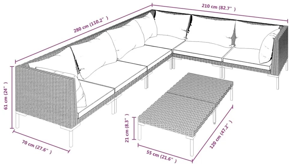 Set mobilier de gradina cu perne, 7 piese,gri inchis, poliratan 3x colt + 3x mijloc + masa, 1